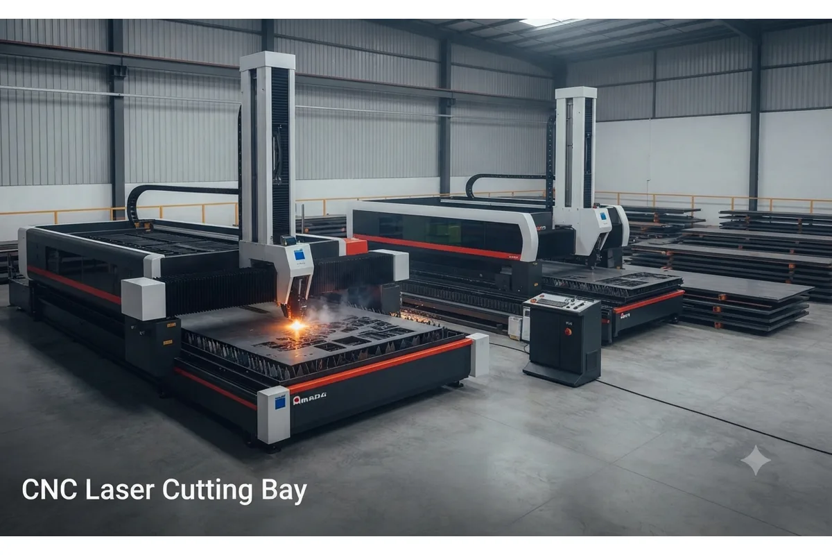 Two CNC fiber laser cutting machines operating in the Unified Steel production bay