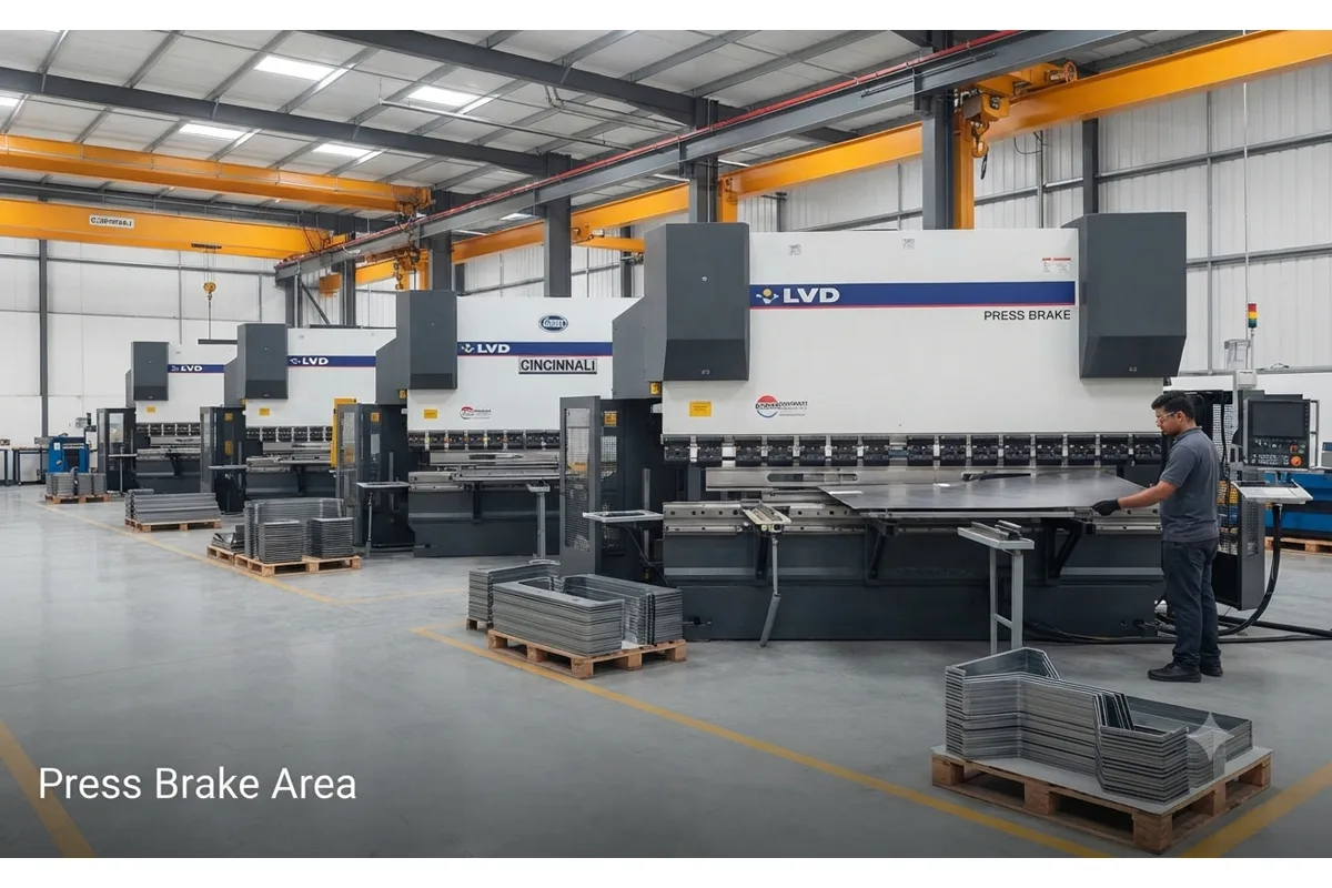 Row of CNC LVD press brakes forming sheet metal in the Unified Steel fabrication facility