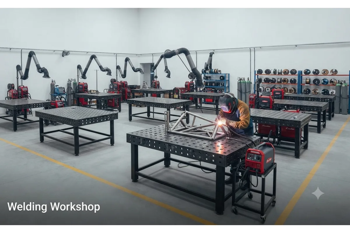 Unified Steel welding workshop with extraction arms, welding stations, and an operator welding a frame